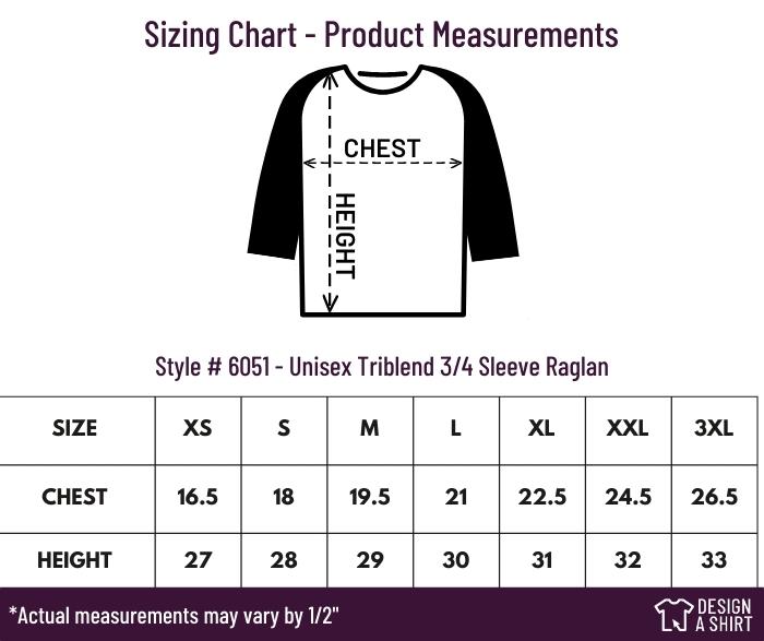 6051 - Next Level Unisex Triblend 3/4-Sleeve Raglan Size Chart