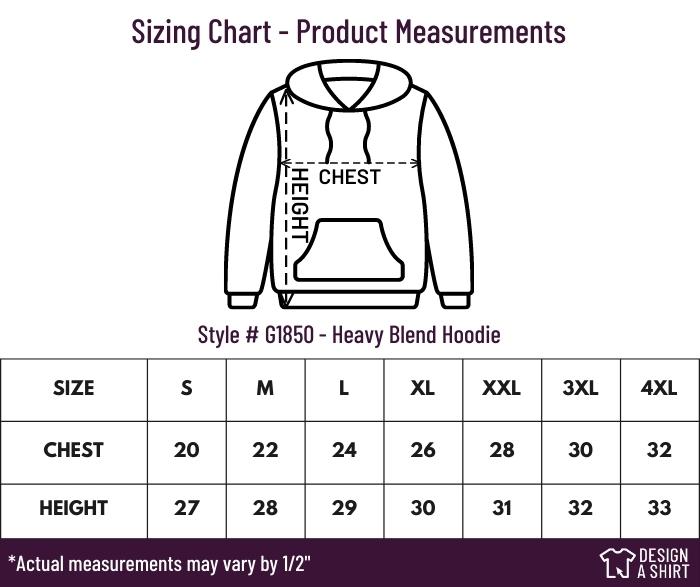 G185 - Gildan Heavy Blend Pullover Hoodie Size Chart